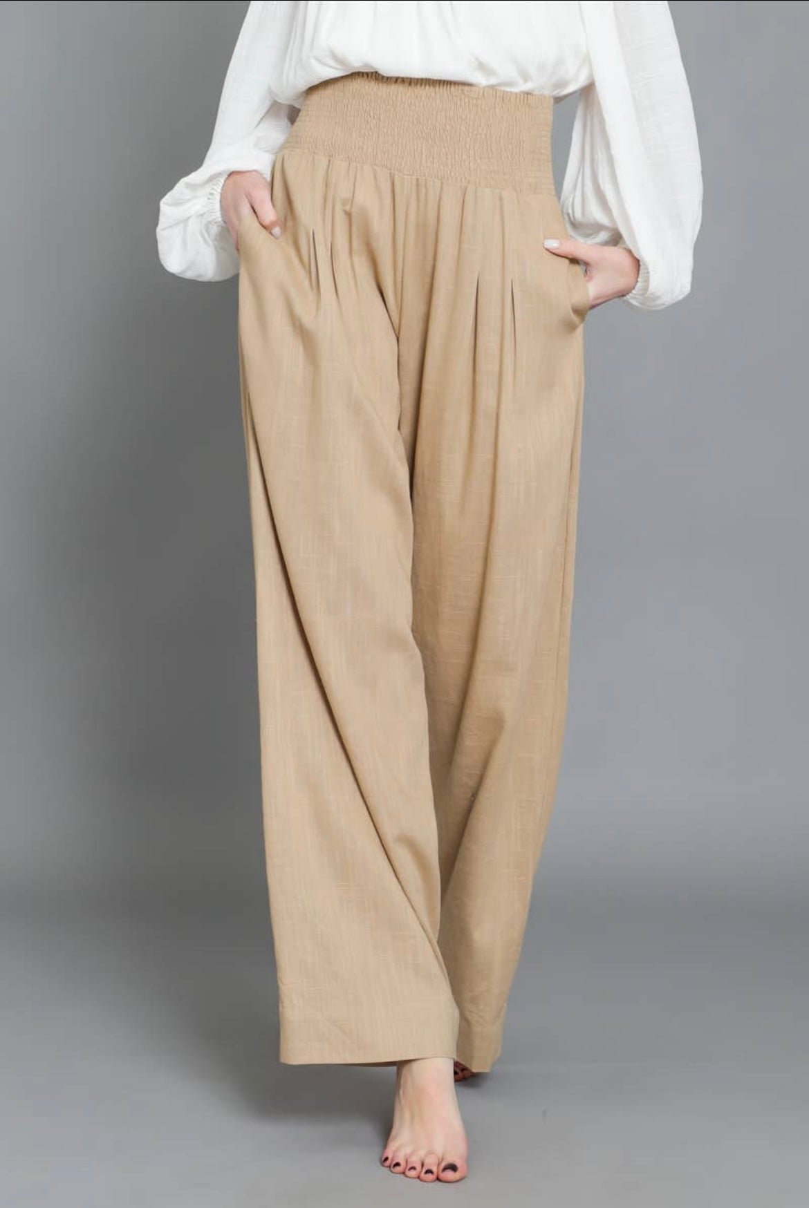 Camel Smocked Trousers