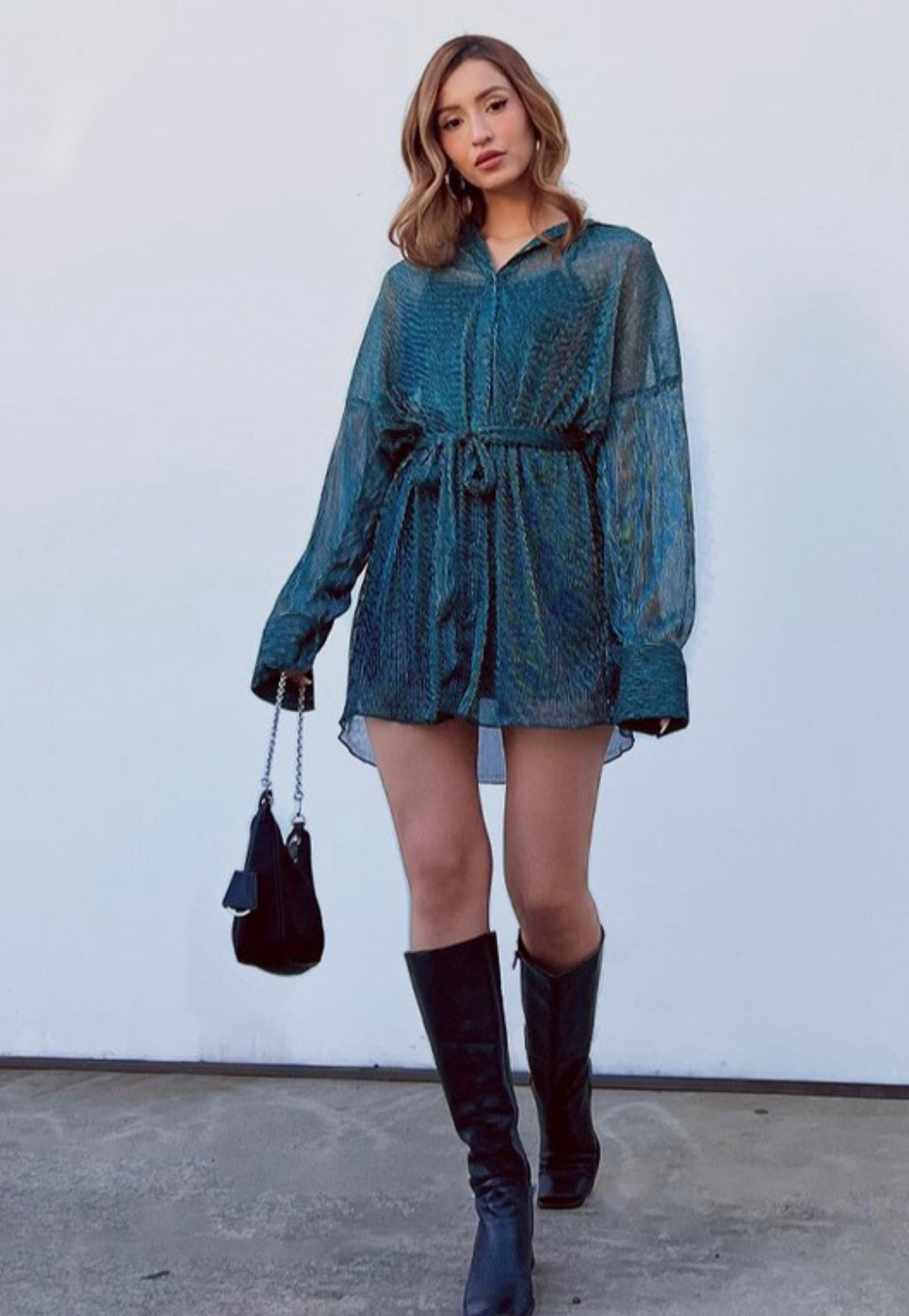 Teal Rain Pleated Shirt Dress
