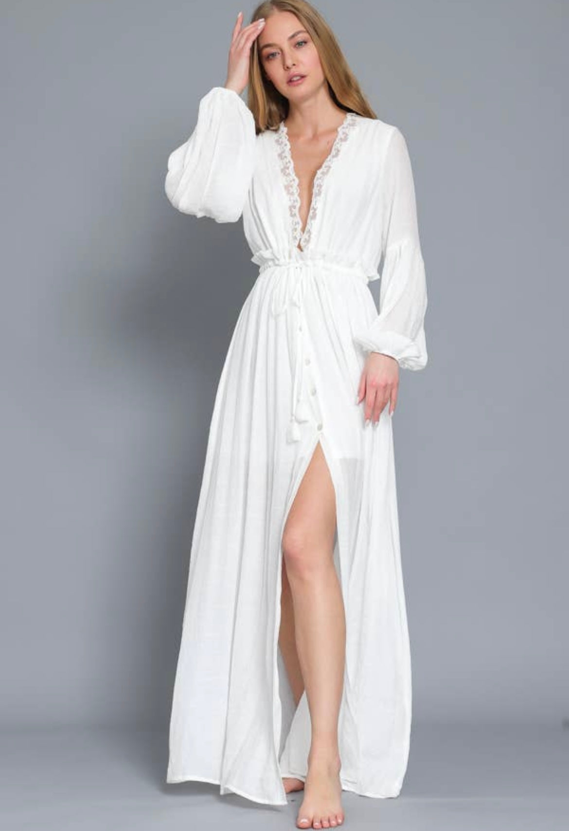 Off White Long Sleeve Lace Trim Maxi Dress