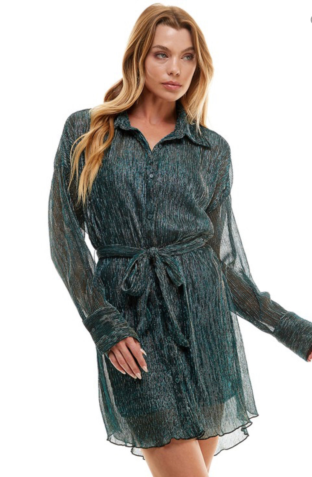 Teal Rain Pleated Shirt Dress