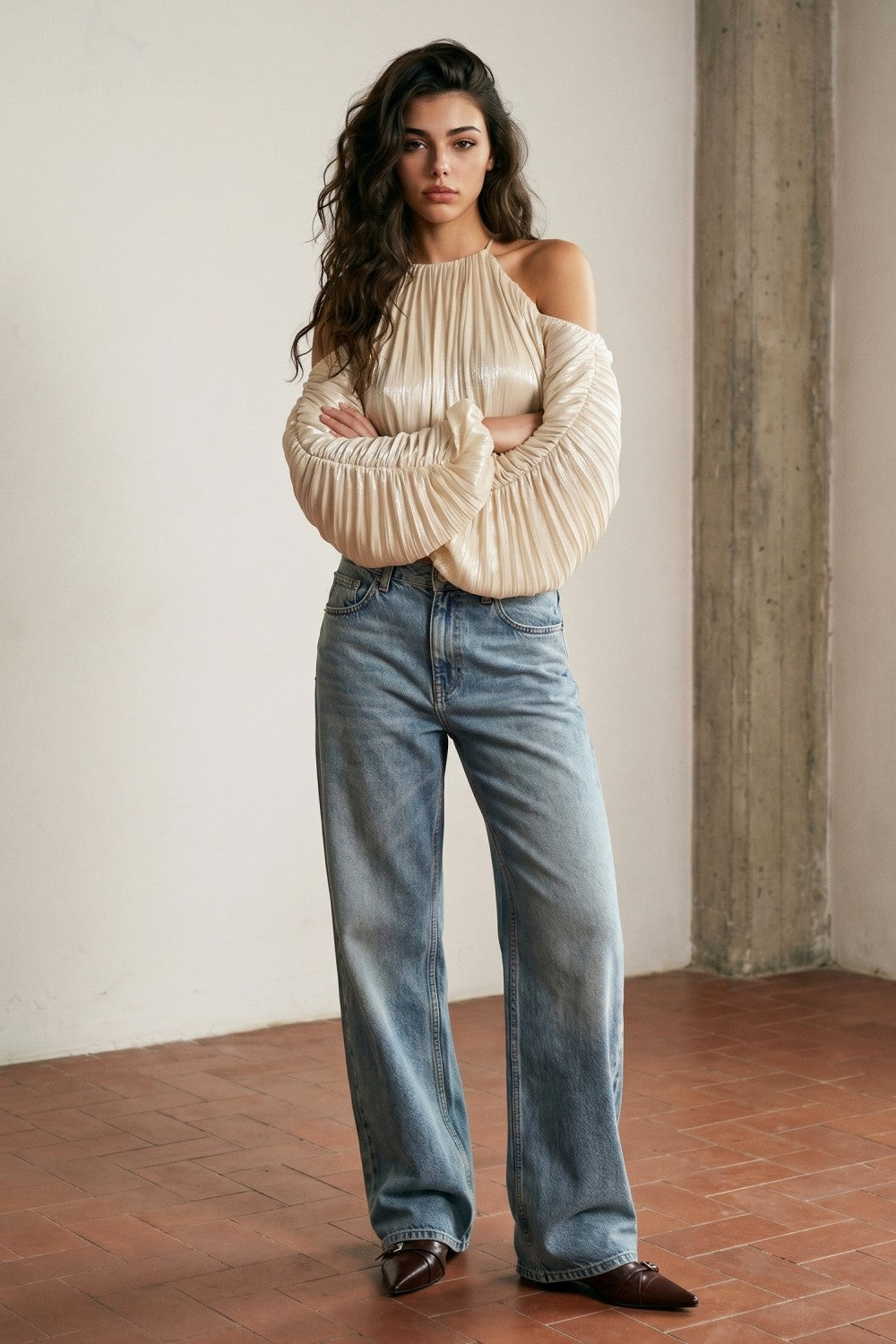 Cold-Shoulder Pleated Halter Blouse