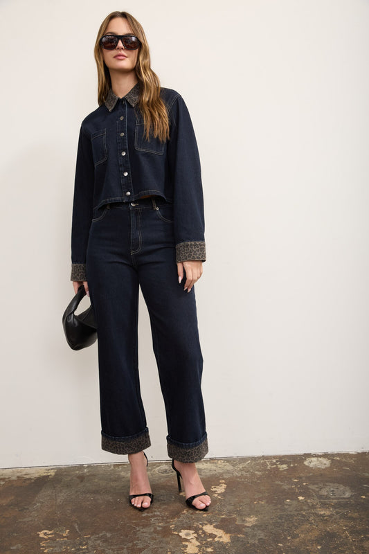 Leopard Energy Cuff Detail Wide Leg Denim Jeans