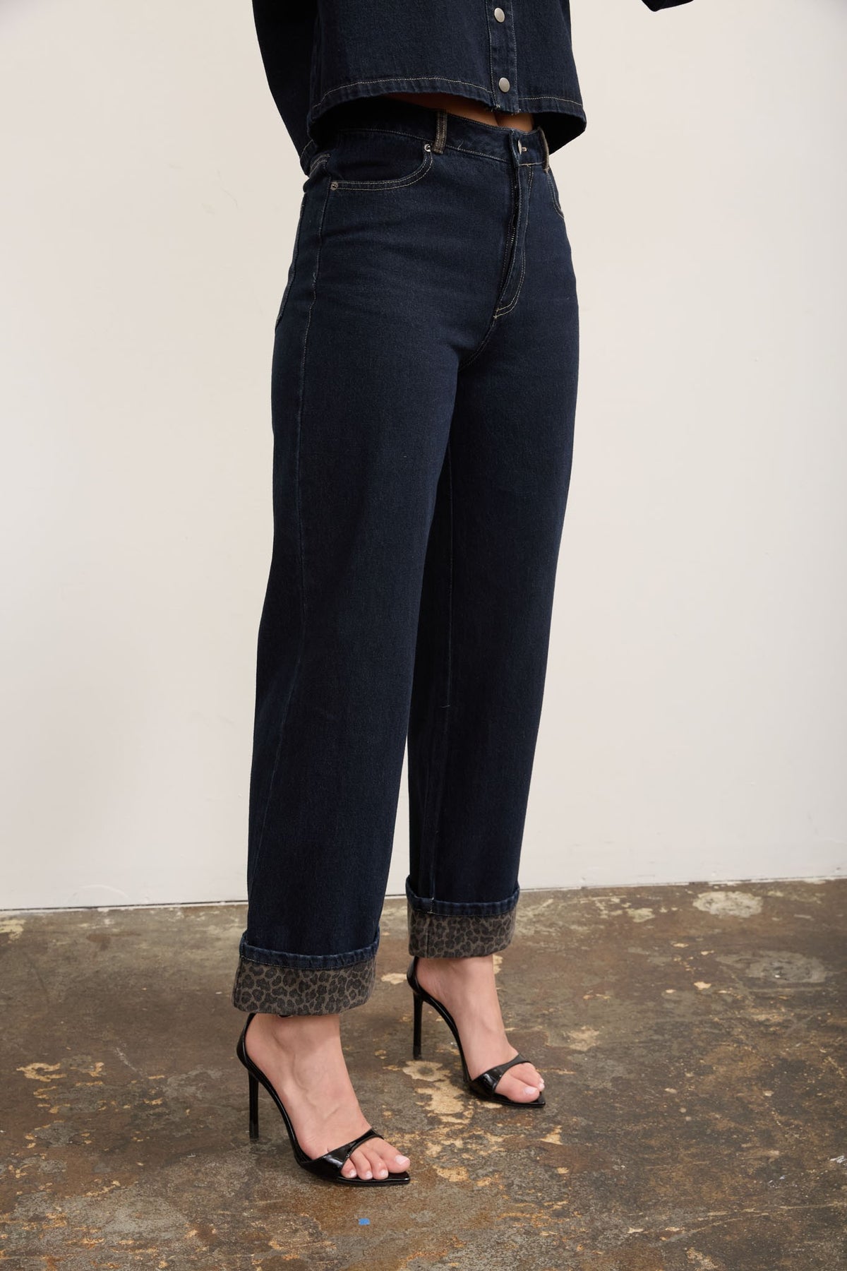 Leopard Energy Cuff Detail Wide Leg Denim Jeans