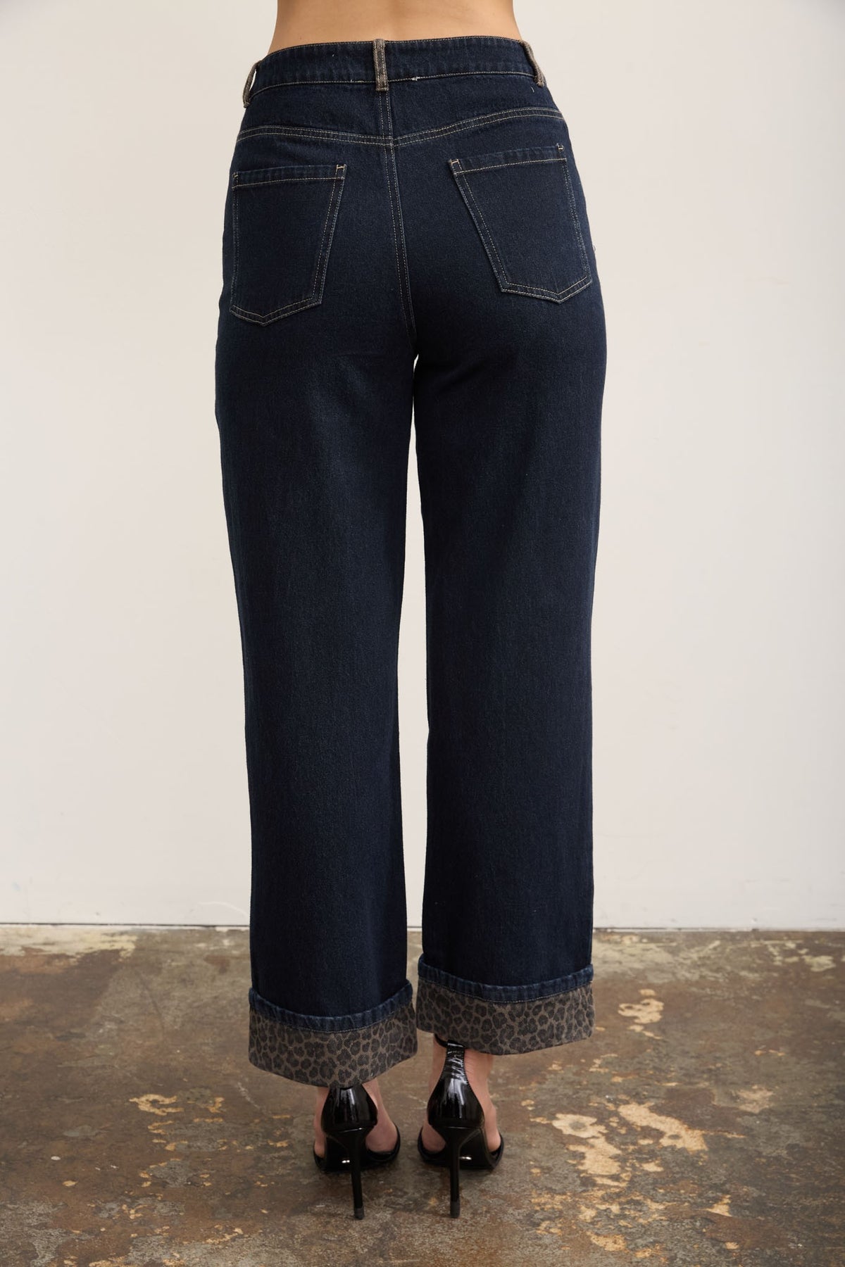 Leopard Energy Cuff Detail Wide Leg Denim Jeans