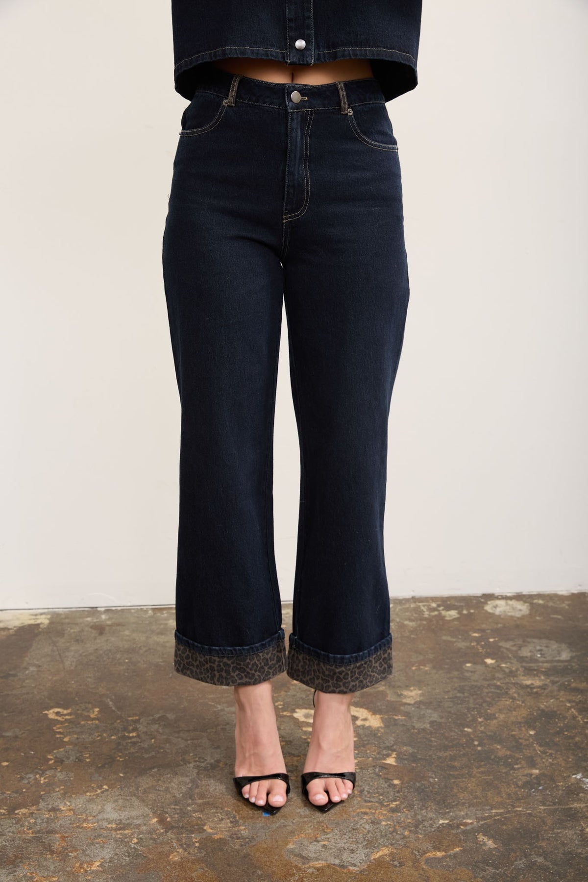 Leopard Energy Cuff Detail Wide Leg Denim Jeans
