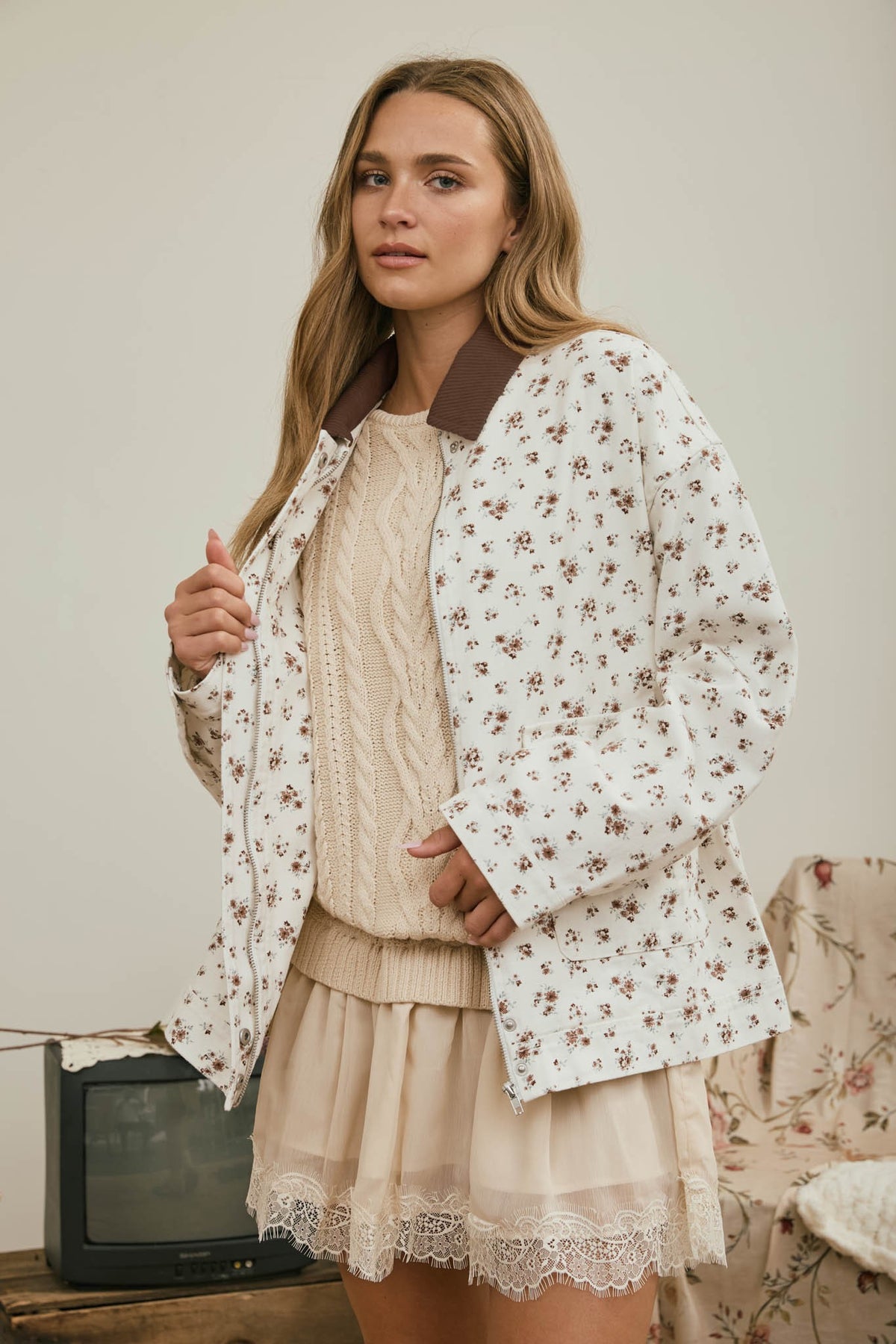 Julian Floral Corduroy Collar Denim Jacket