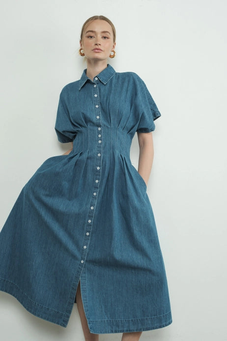 jina pleat waist midi dress Denim Pleat-Waist Midi Dress
