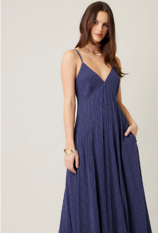 Linen Blue Striped Maxi Dress