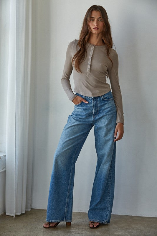 Studio Henley Ribbed Long Sleeve Top