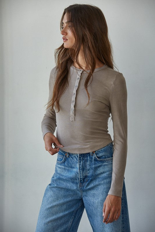 Studio Henley Ribbed Long Sleeve Top