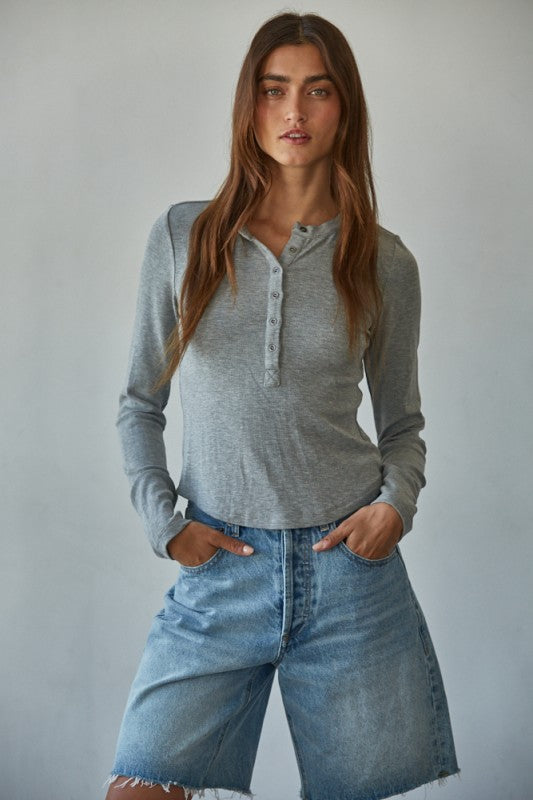 Studio Henley Ribbed Long Sleeve Top