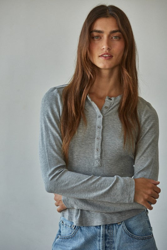 Studio Henley Ribbed Long Sleeve Top