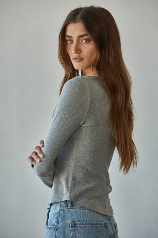 Studio Henley Ribbed Long Sleeve Top