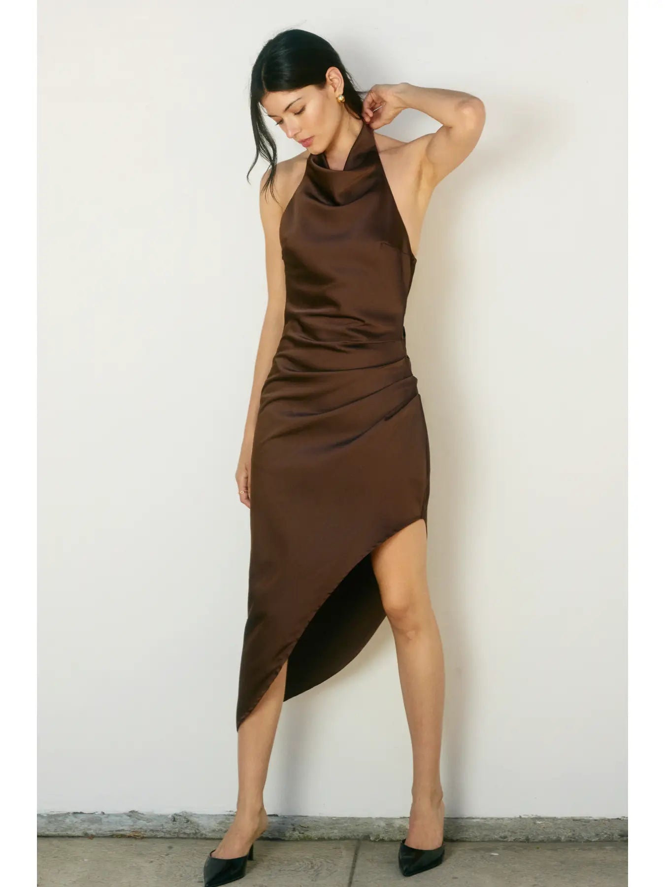 Dull Satin Side Pleaded Maxi Dress