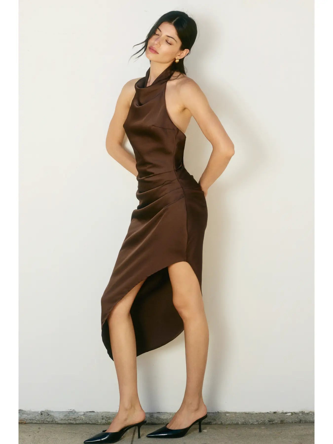 Dull Satin Side Pleaded Maxi Dress