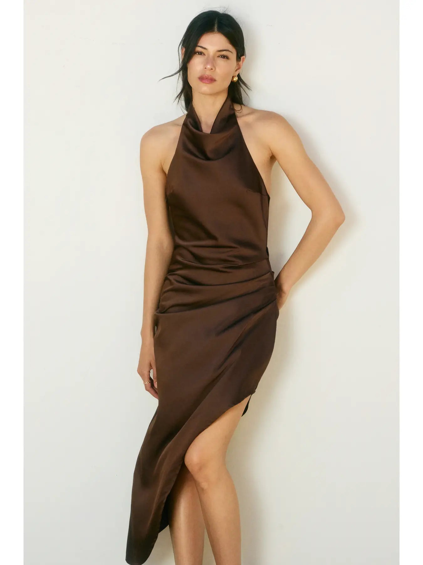 Dull Satin Side Pleaded Maxi Dress