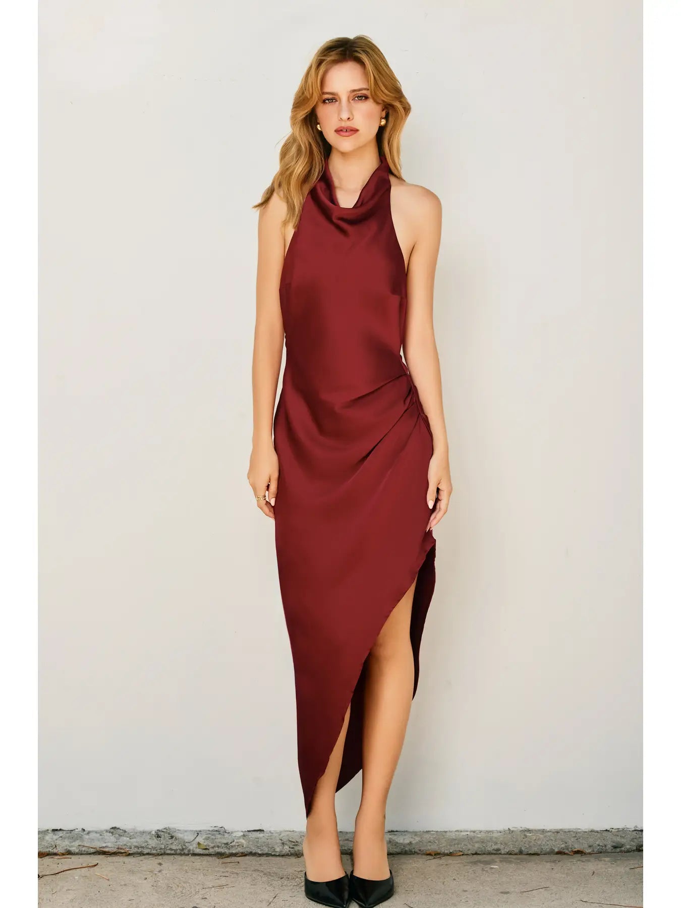 Dull Satin Side Pleaded Maxi Dress