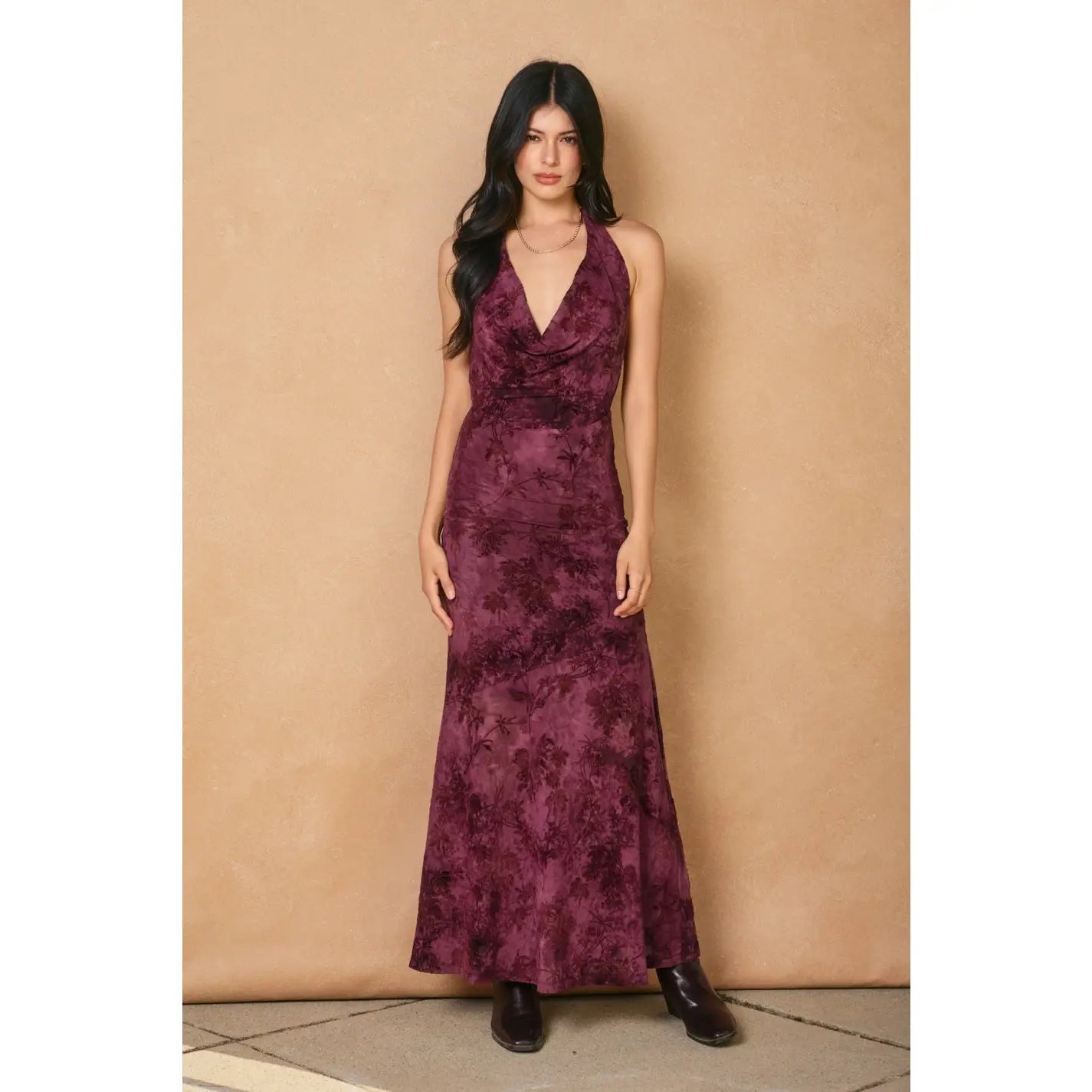 Velvet Spark Draped Halter Neck Maxi Dress