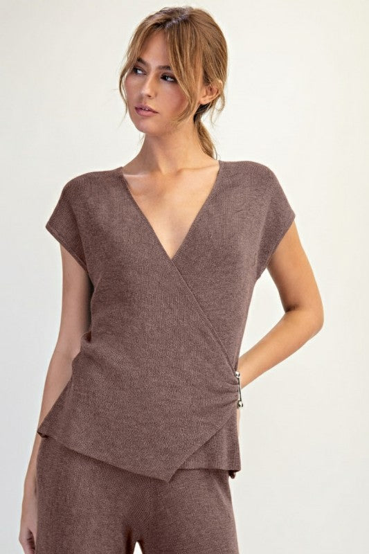 Wrap Sleeveless Sweater Top With Metal Trim