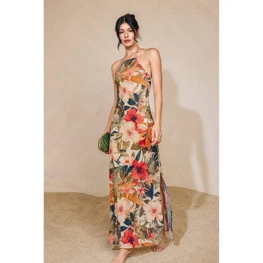 Countryside Bird Halter Neck Open Back Maxi Dress