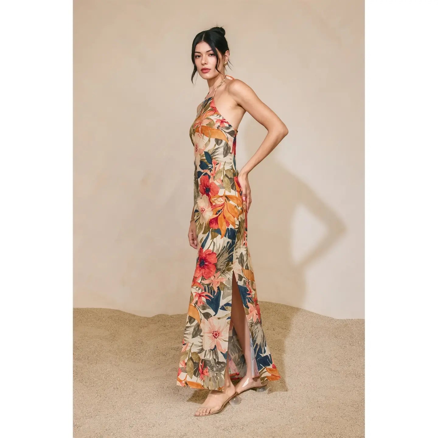 Countryside Bird Halter Neck Open Back Maxi Dress