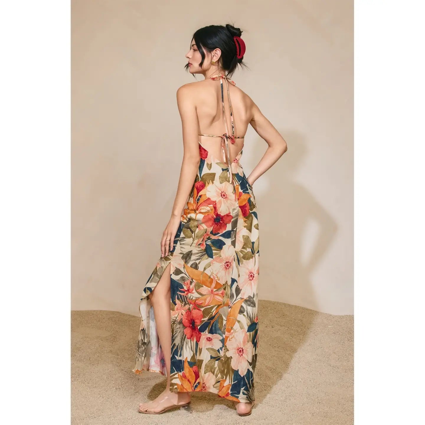 Countryside Bird Halter Neck Open Back Maxi Dress
