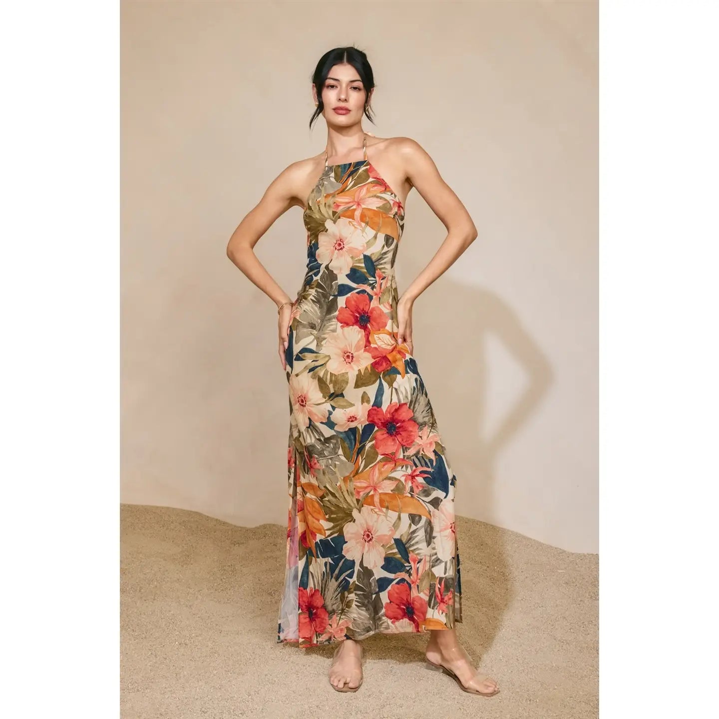Countryside Bird Halter Neck Open Back Maxi Dress
