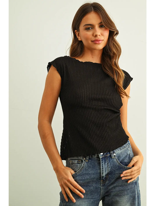 Crinkled Fabric Cap Sleeve Top with Shirring Detail