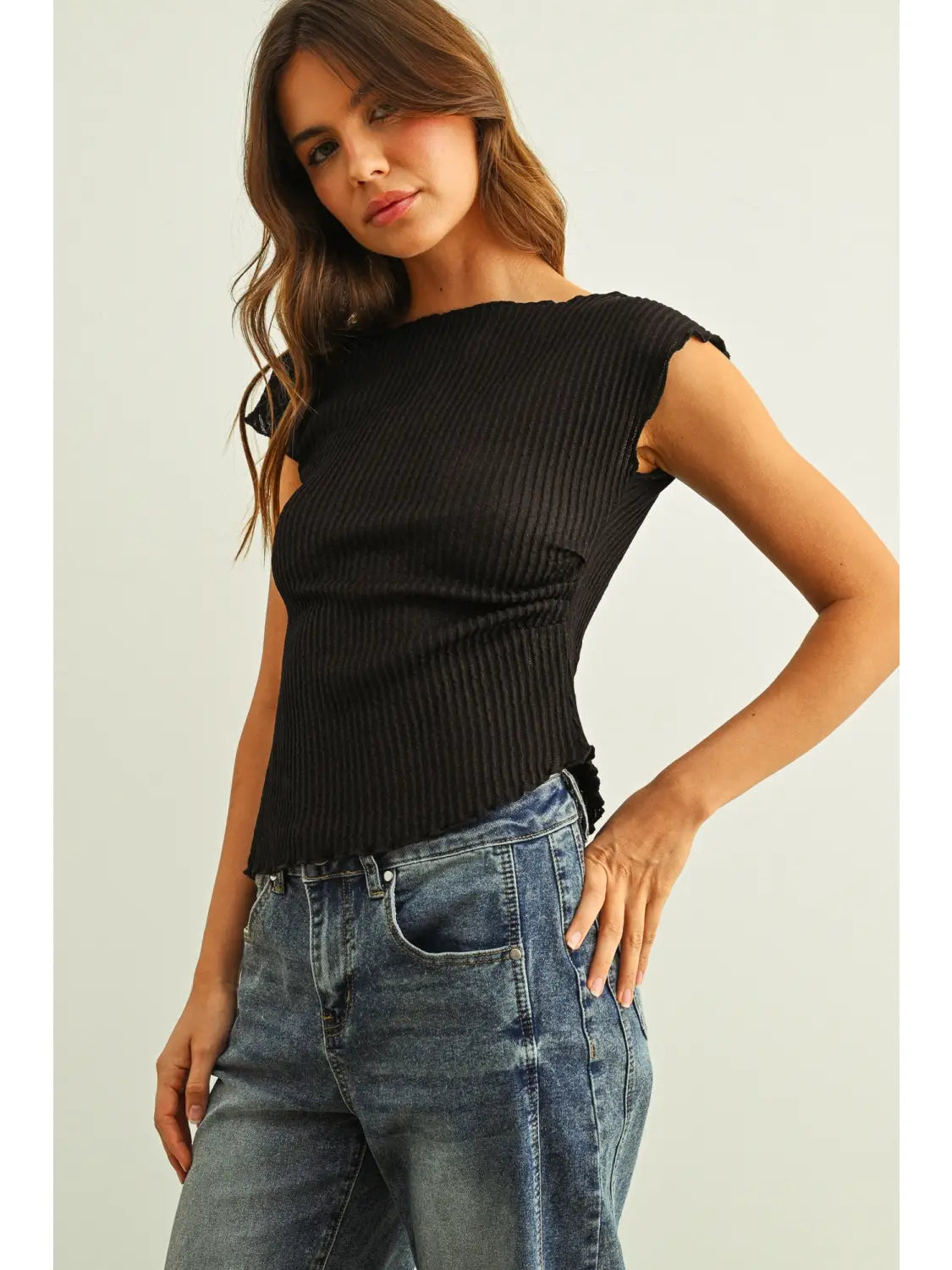 Crinkled Fabric Cap Sleeve Top with Shirring Detail