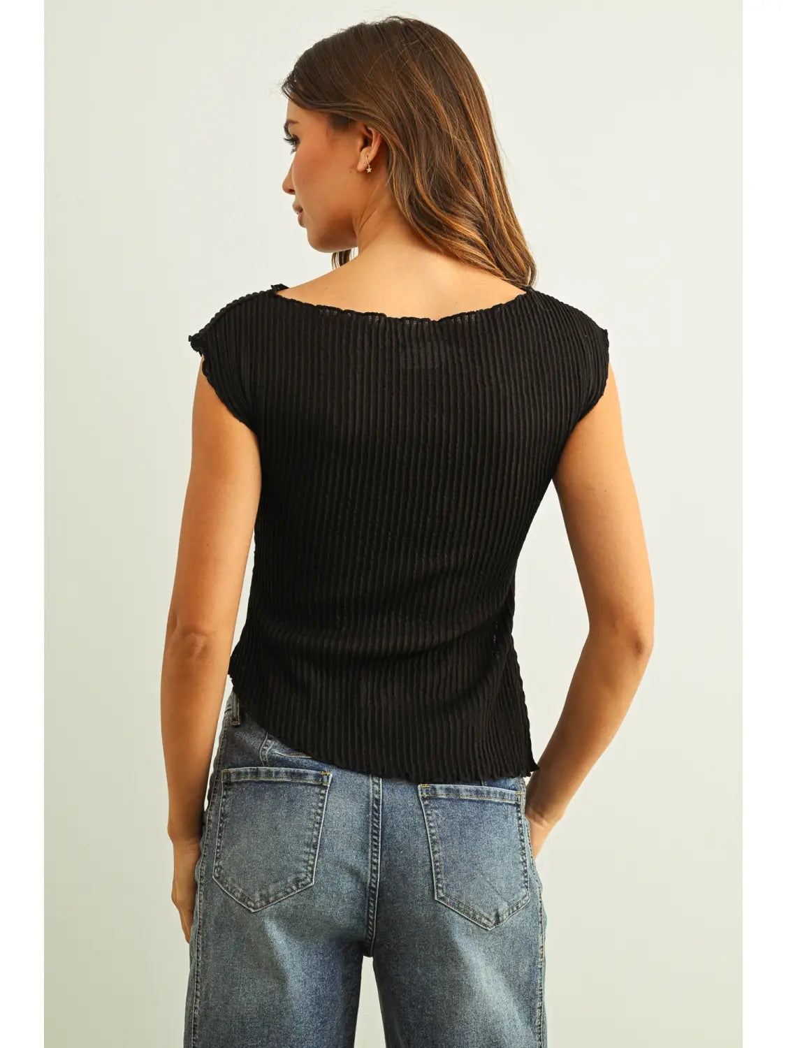 Crinkled Fabric Cap Sleeve Top with Shirring Detail