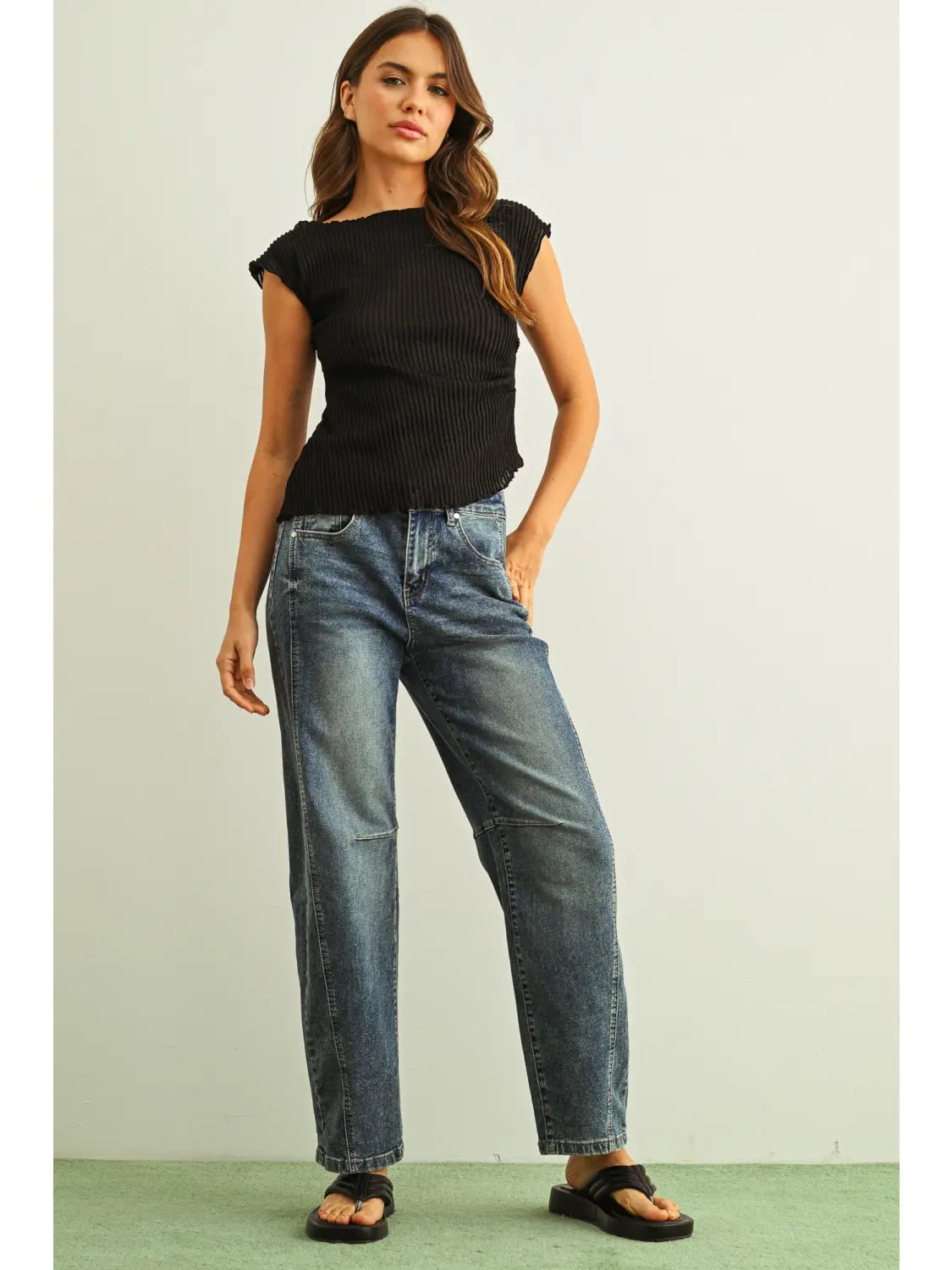 Crinkled Fabric Cap Sleeve Top with Shirring Detail