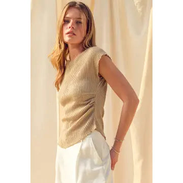 Crinkled Fabric Cap Sleeve Top with Shirring Detail
