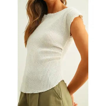 Crinkled Fabric Cap Sleeve Top with Shirring Detail