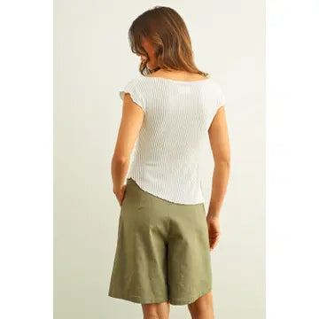 Crinkled Fabric Cap Sleeve Top with Shirring Detail