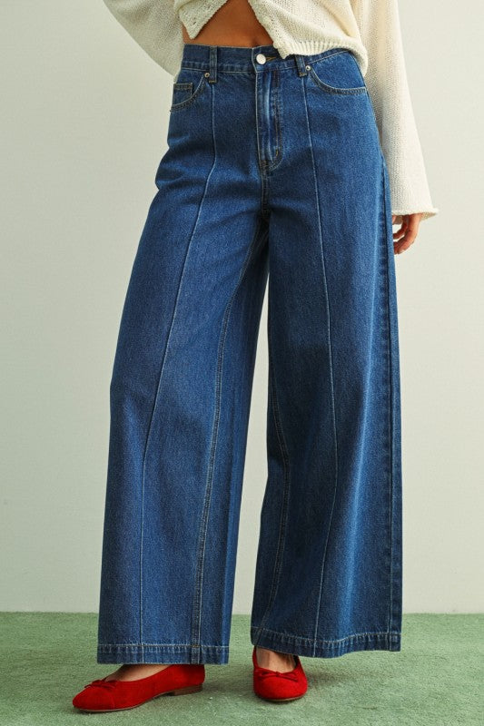 Wide Leg Denim Pants With Front Detail