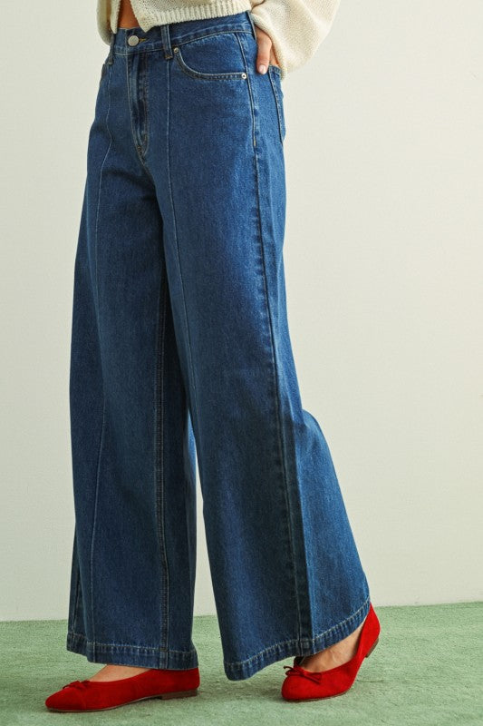 Wide Leg Denim Pants With Front Detail