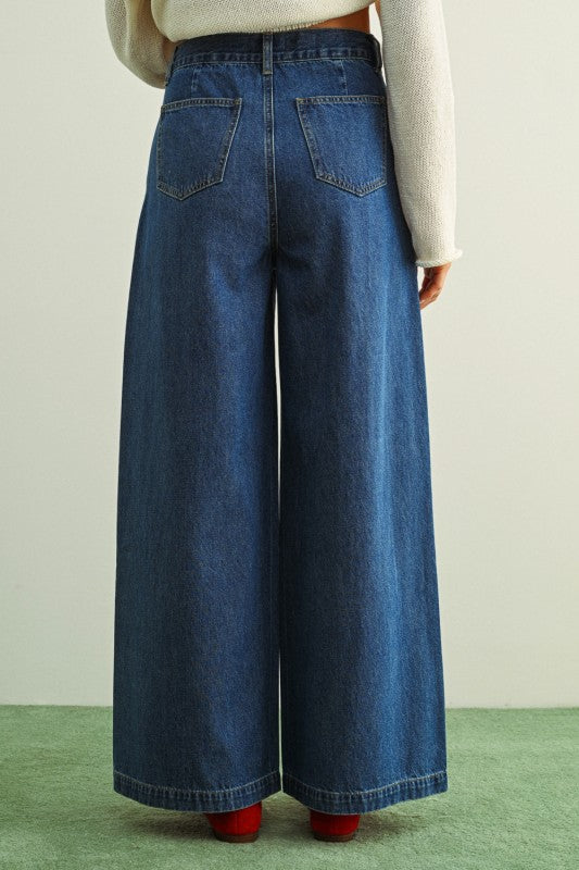 Wide Leg Denim Pants With Front Detail