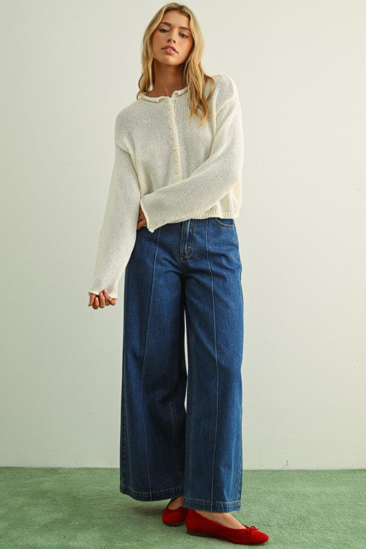 Wide Leg Denim Pants With Front Detail