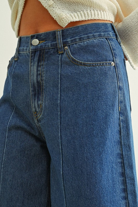 Wide Leg Denim Pants With Front Detail