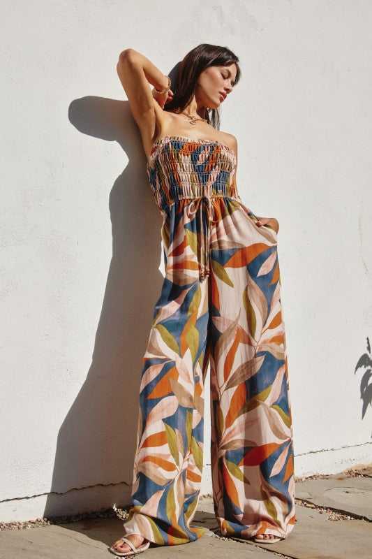 Destinations Smocked Top Wide Leg Jumpsuit