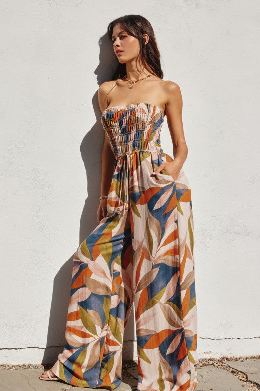 Destinations Smocked Top Wide Leg Jumpsuit