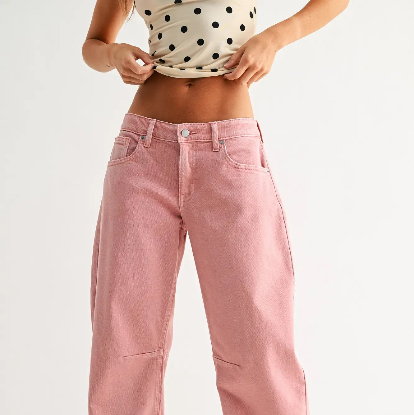 Pink Mid Rise Barrel Jean