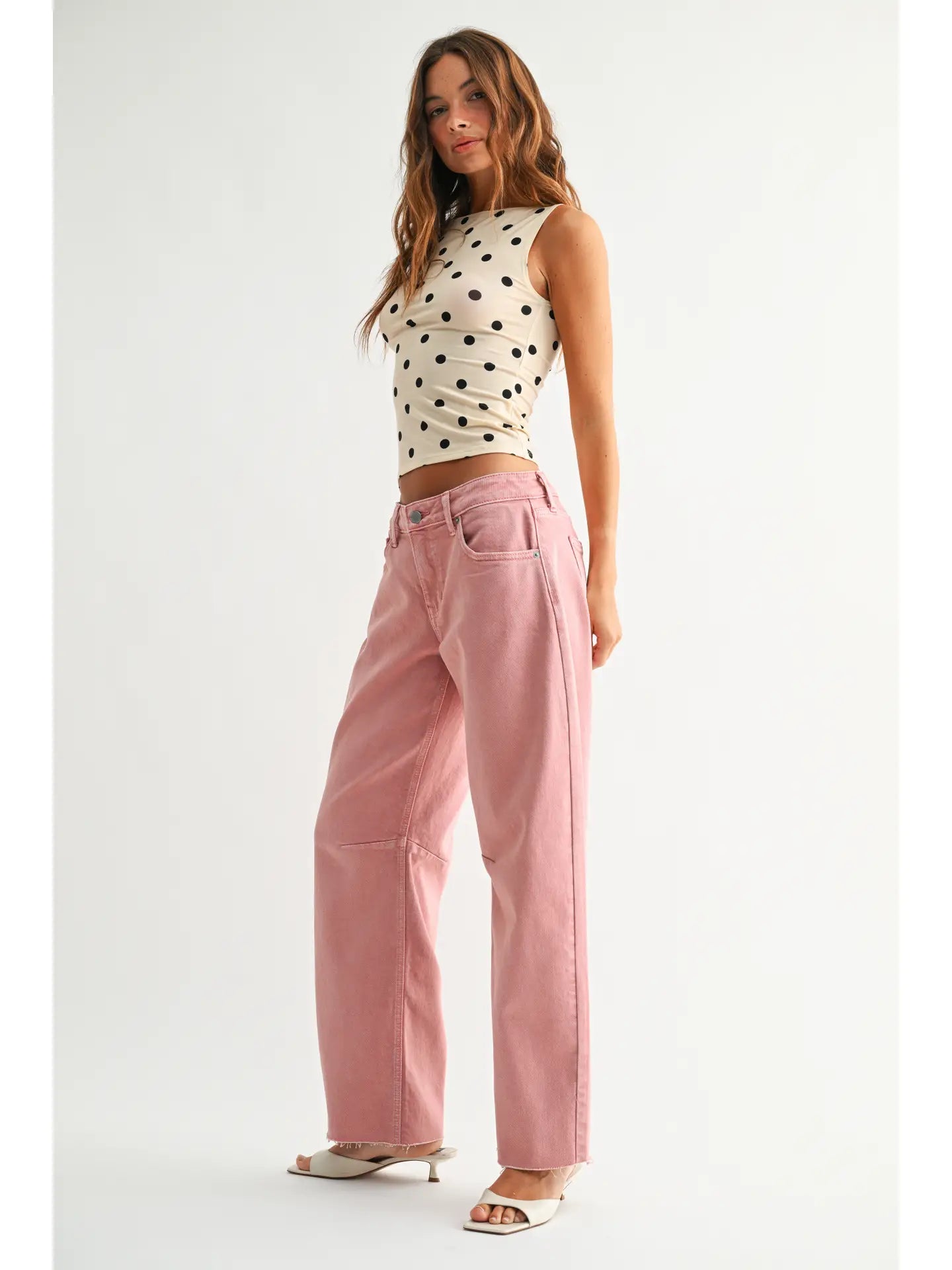 Pink Mid Rise Barrel Jean