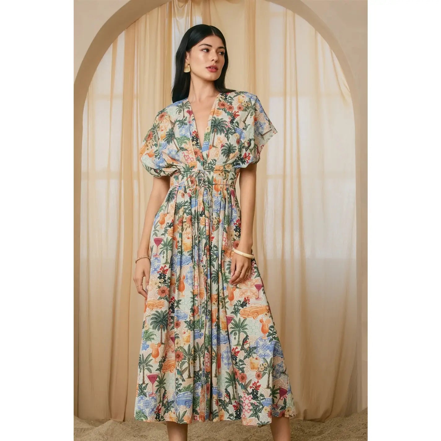 Cabana Crush Cotton Pleated Cinch Waist Midi Dress