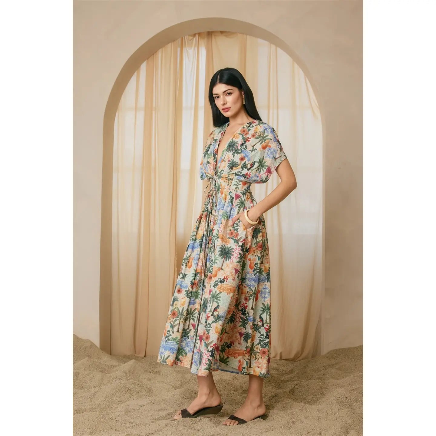 Cabana Crush Cotton Pleated Cinch Waist Midi Dress