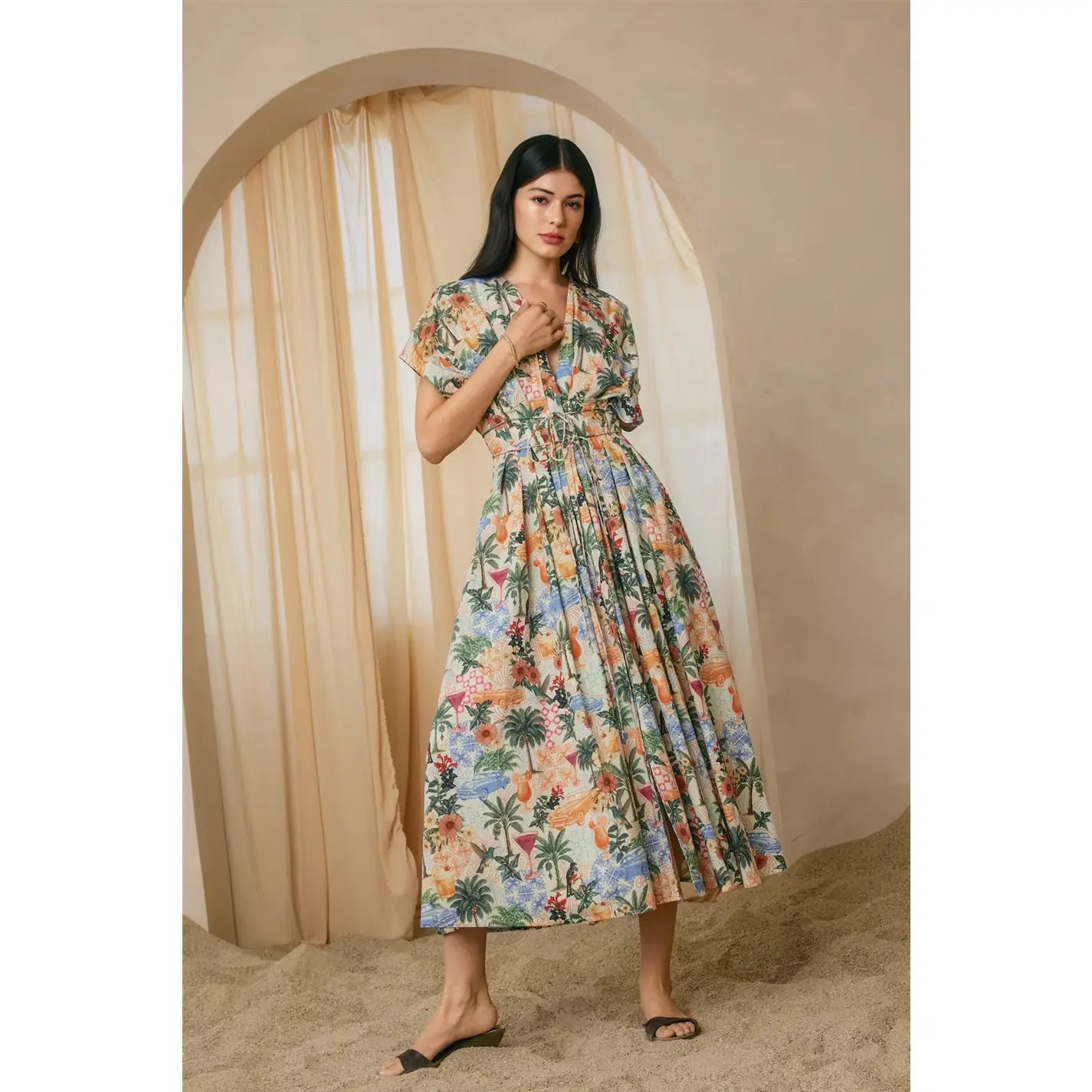 Cabana Crush Cotton Pleated Cinch Waist Midi Dress