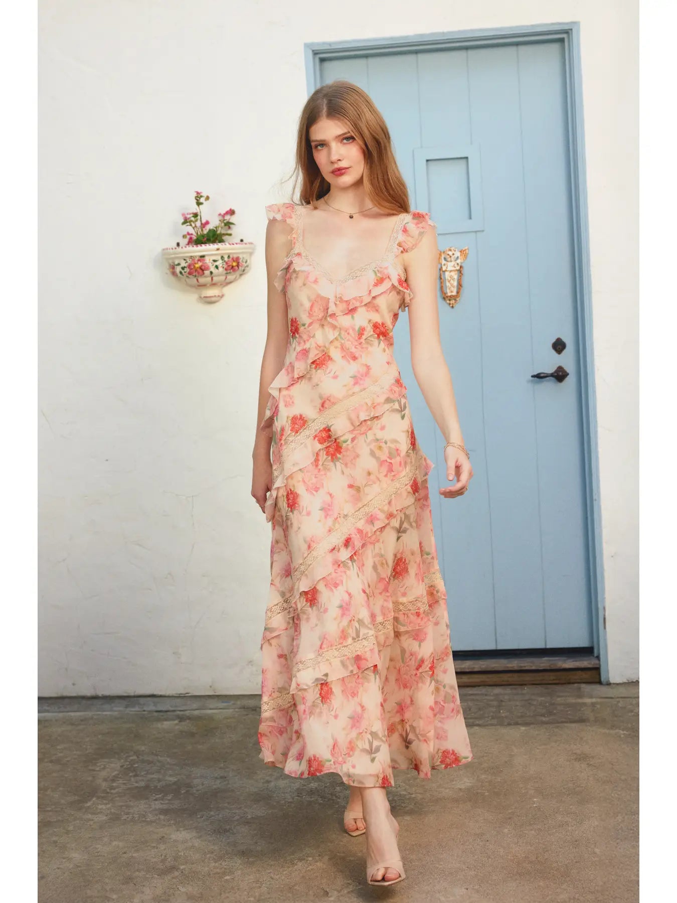 Pastel Promise Diagonal Lace and Ruffles Maxi Dress
