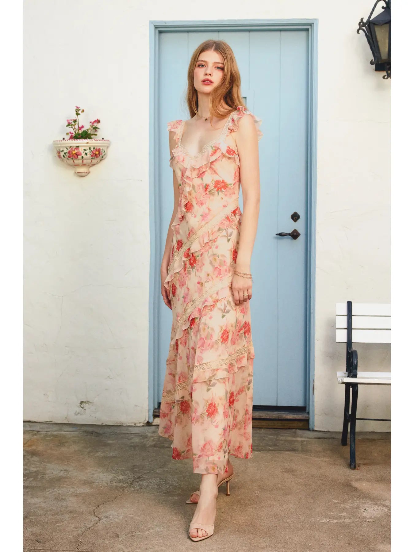 Pastel Promise Diagonal Lace and Ruffles Maxi Dress