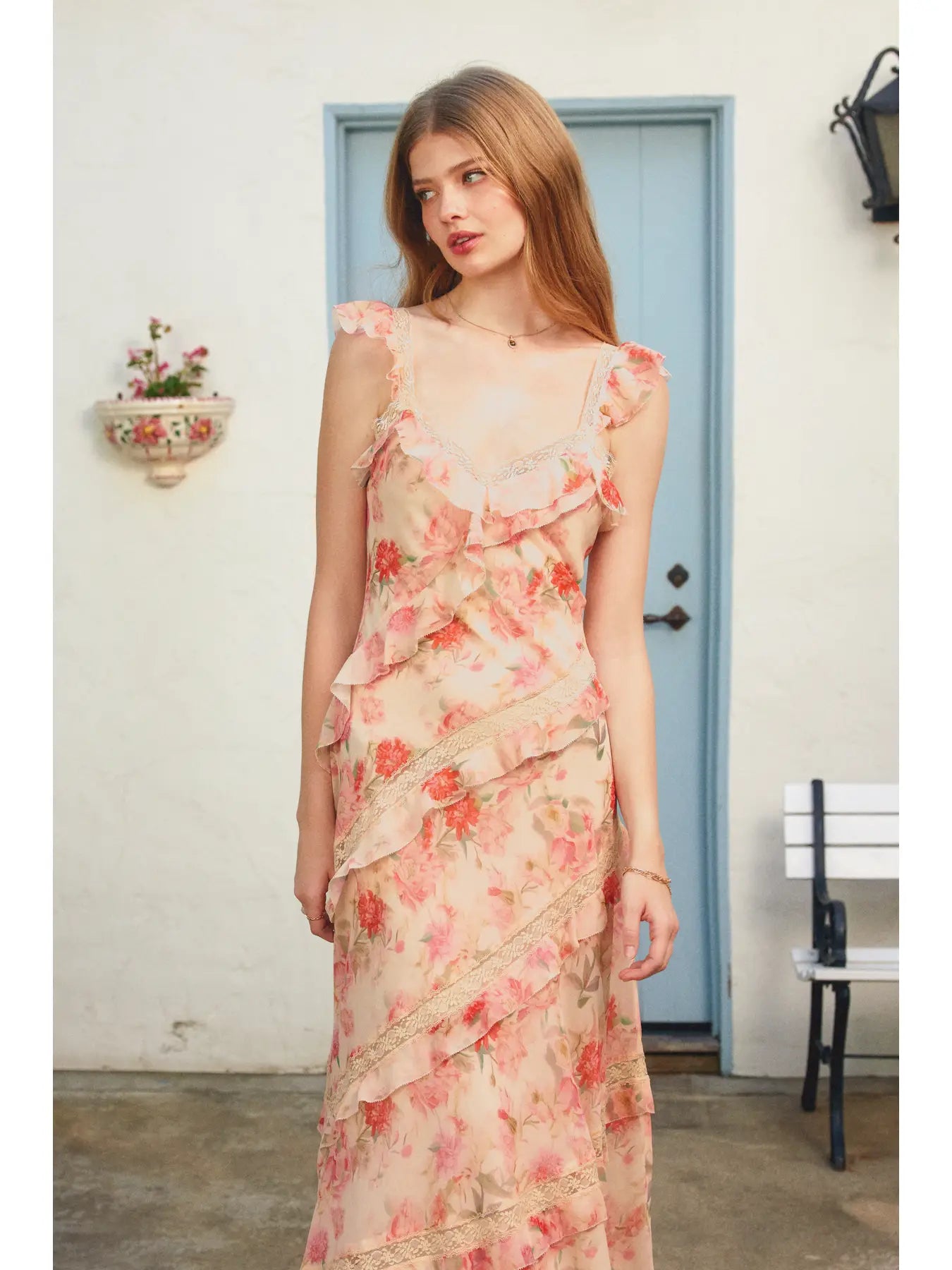Pastel Promise Diagonal Lace and Ruffles Maxi Dress