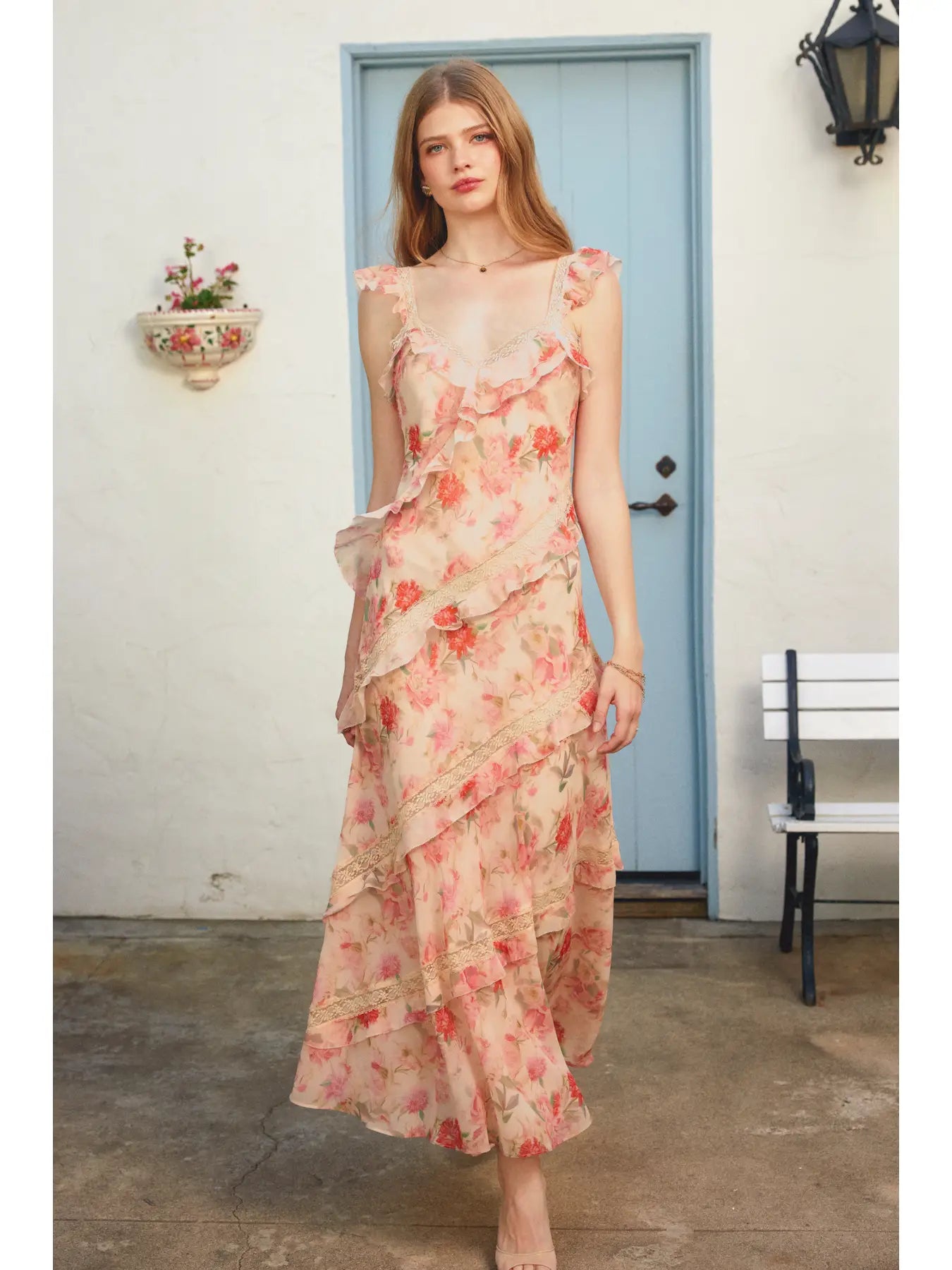 Pastel Promise Diagonal Lace and Ruffles Maxi Dress